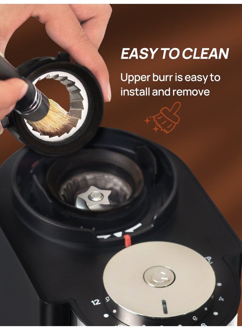 بريتيل مطحنة قهوة كهربائية V60 بشفرات مخروطية لطحن حبوب القهوة، قابلة للتعديل مع 25 درجة طحن دقيقة، بتصميم مضاد للكهرباء الساكنة، مناسبة لقهوة V60 والإسبريسو والموكا والقهوة المقطرة والتحضير اليدوي والفرنش برس والكولد برو، مع إعداد كمي من 2 إلى 12 كوب، لون أسود - Image 4